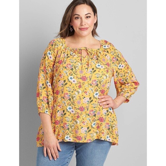 Lane Bryant Top Womens Plus 14 Yellow Floral Print Peasant Neck Tie Ladies - Picture 1 of 9